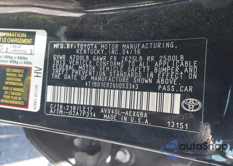 2016 Toyota Avalon Hybrid Xle Premium from USA, damaged, VIN 4T1BD1EB2GU053343